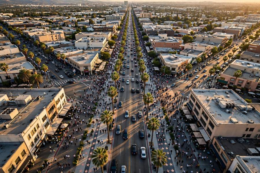 Overhead view of crowds along the 1.3-mile Walk of Fame