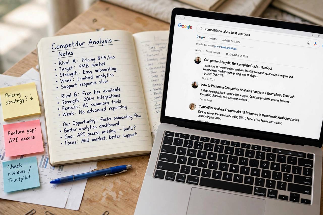 A laptop showing search results with a notebook of competitor analysis notes beside it