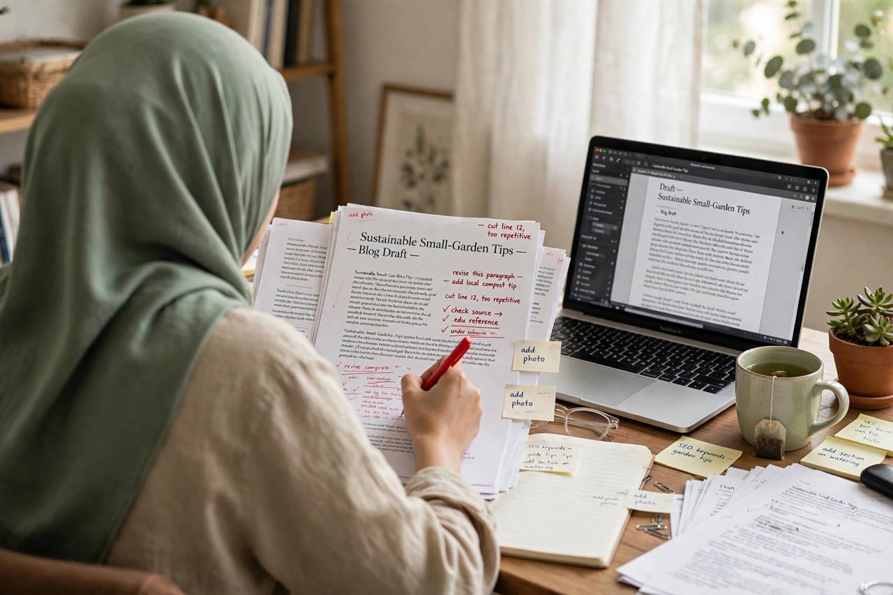 A person editing a long blog draft on a laptop with a red pen and printed pages