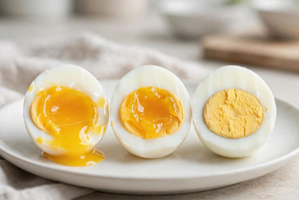 Cross-section of boiled eggs showing soft, jammy, and hard yolks side by side