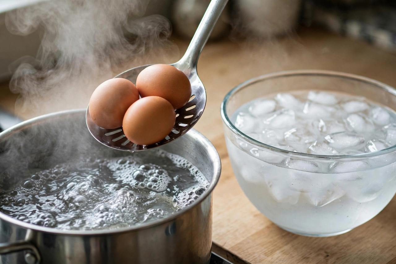 Eggs being lowered into boiling water with a slotted spoon, then transferred to an ice bath