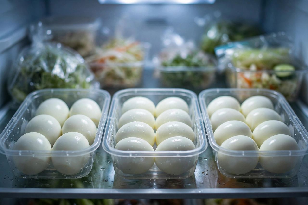 Meal-prep containers with peeled hard-boiled eggs stored in the refrigerator