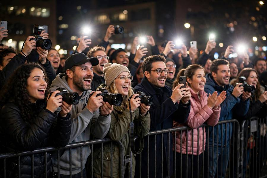 Fans gathered at movie premiere barriers with cameras, excited crowd, night, photorealistic
