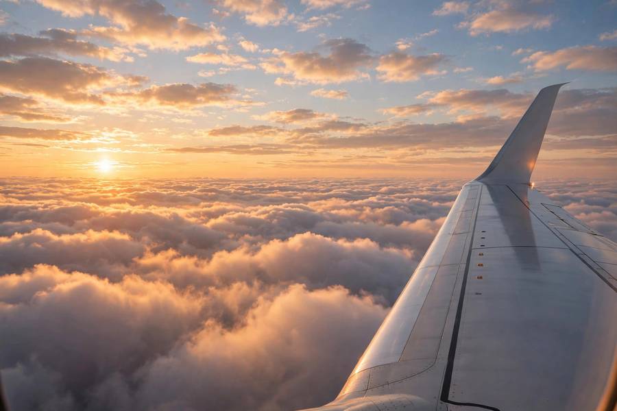 Airplane wing above clouds at sunrise, travel between tour cities, photorealistic