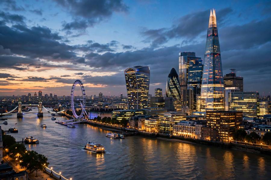 City skyline of London at dusk with lights, travel destination, photorealistic