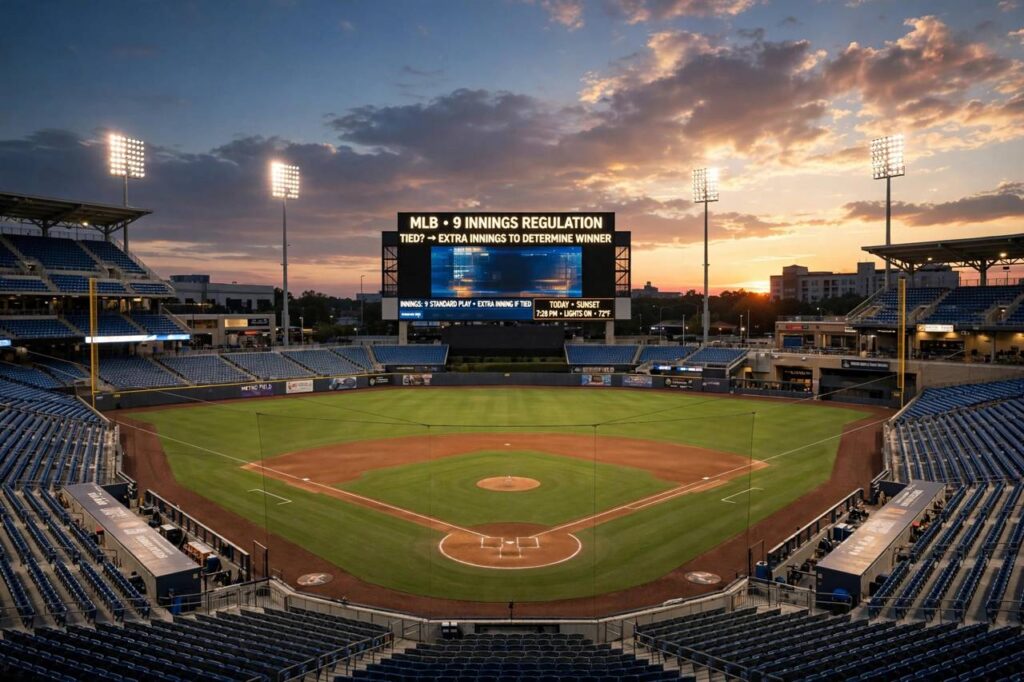 Baseball stadium at sunset during a night game with lights on