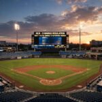 How Many Innings Are in a Baseball Game? Rules Explained Baseball stadium at sunset during a night game with lights on