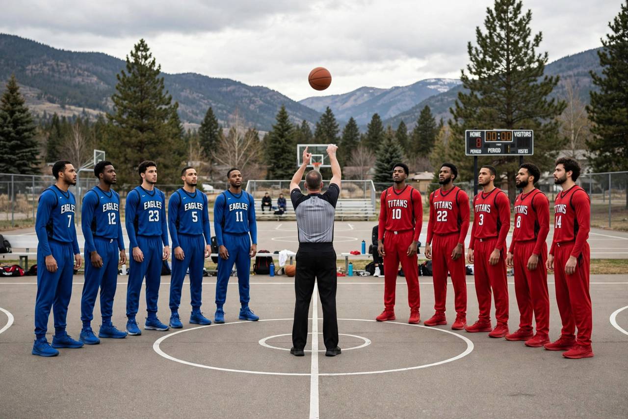 Basketball players in jerseys during a game tip-off
