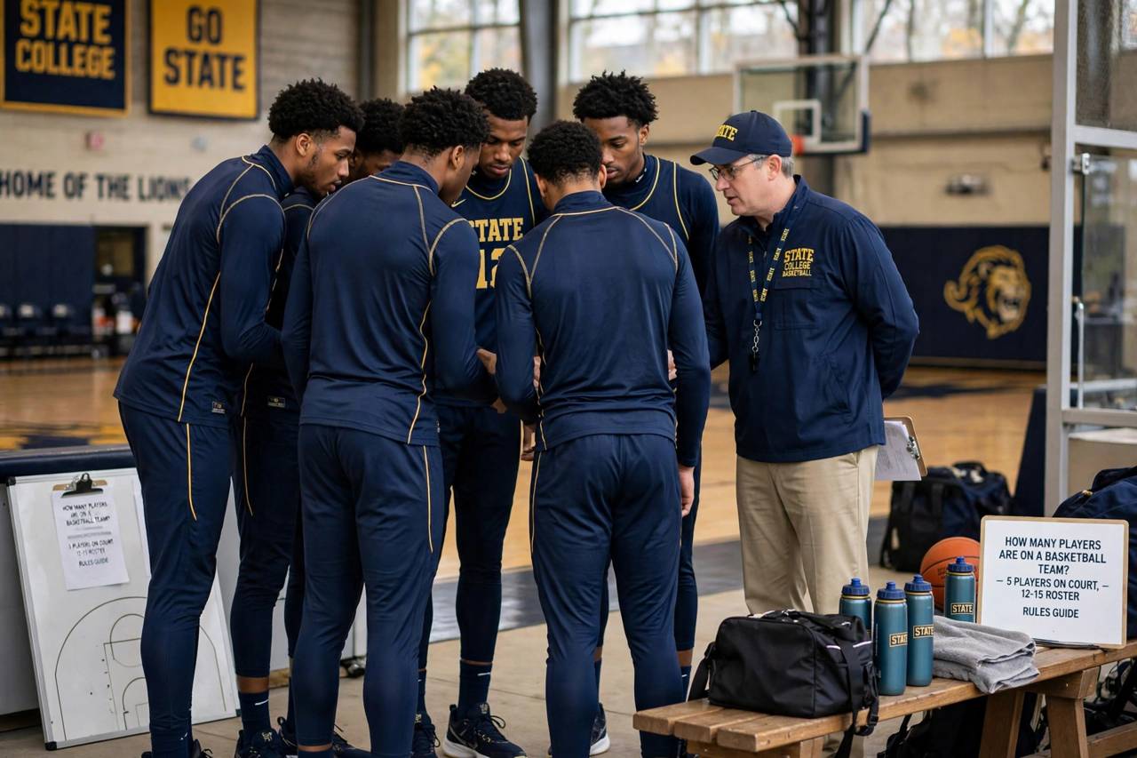 College basketball team huddle with coach on the sideline