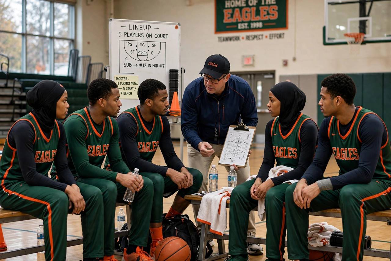 Basketball coach substituting players during a timeout