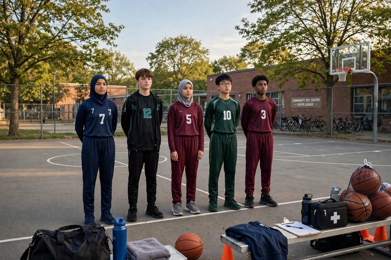 Youth basketball team lined up on the court before a game