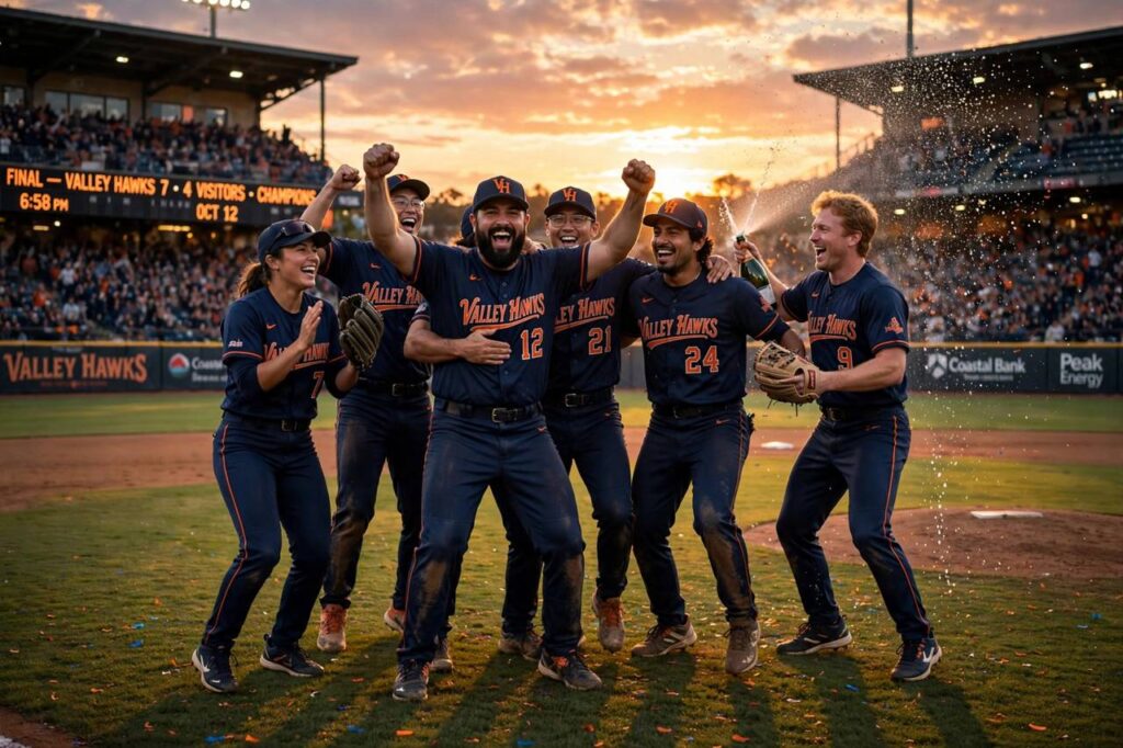 Baseball team celebrating on the field at sunset