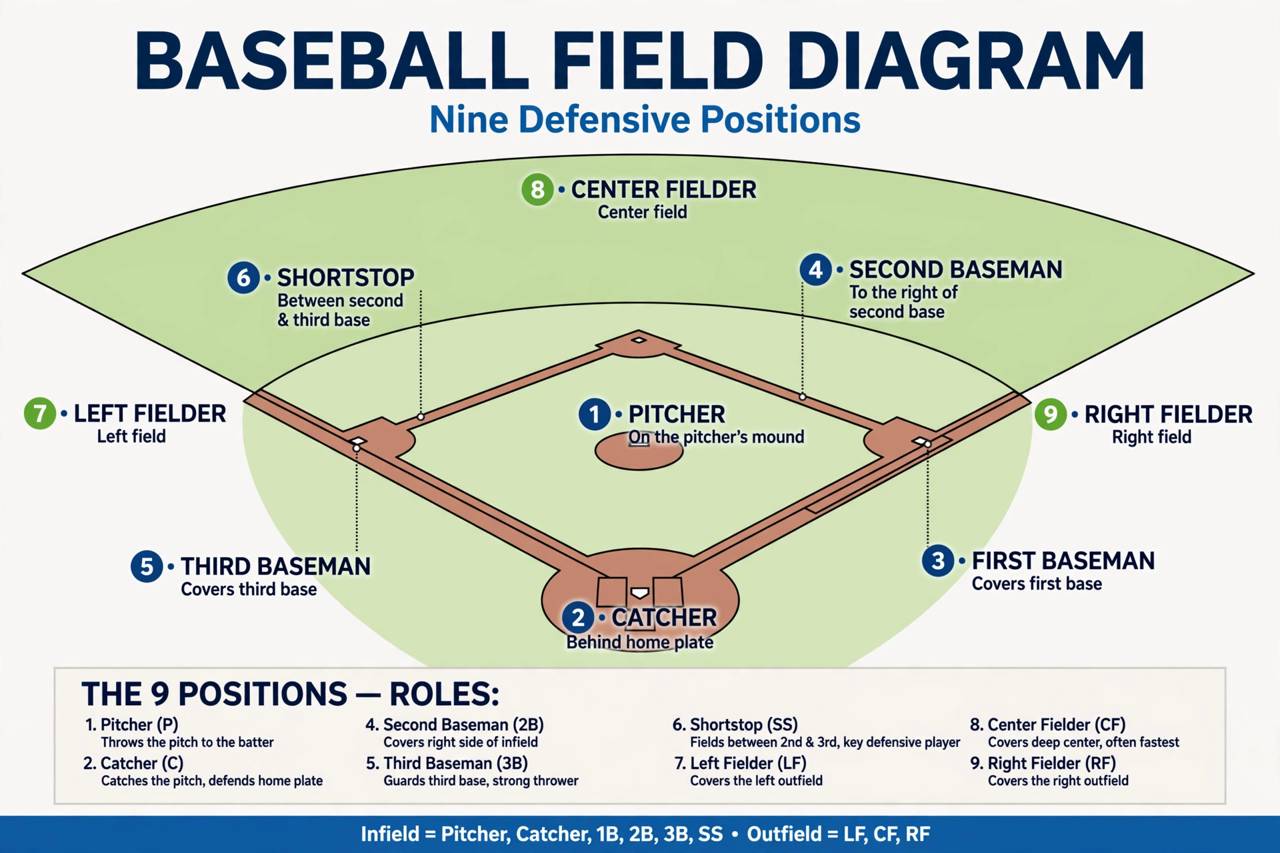 Baseball field diagram showing the nine defensive positions