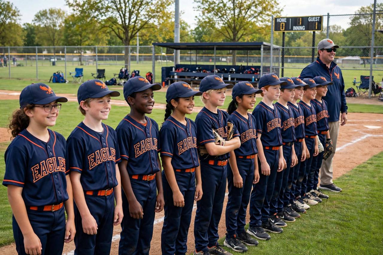 Youth baseball team lined up on the field before a game