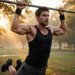 How Many Pull-Ups Should You Be Able to Do? Honest Standards Fit man doing pull-ups on an outdoor bar at sunrise