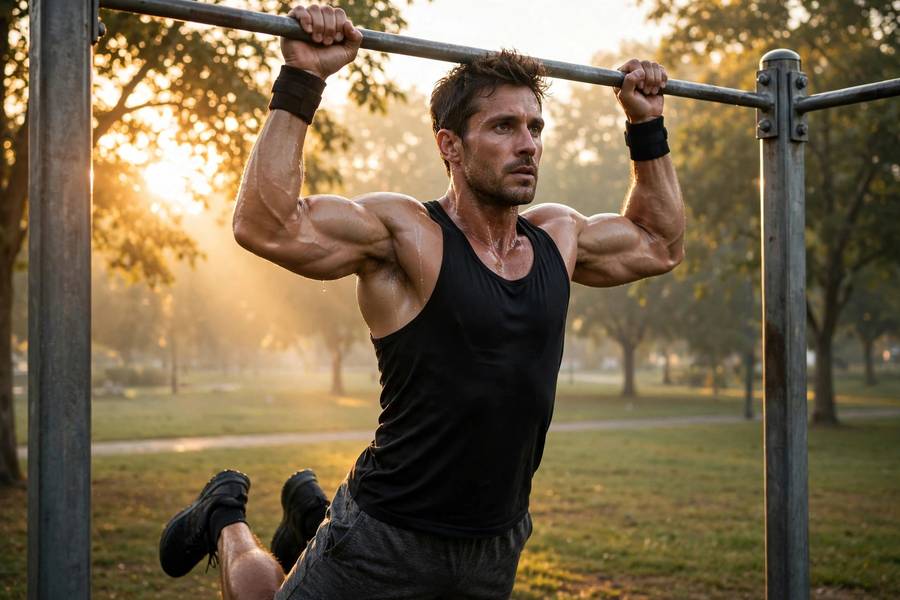 Fit man doing pull-ups on an outdoor bar at sunrise