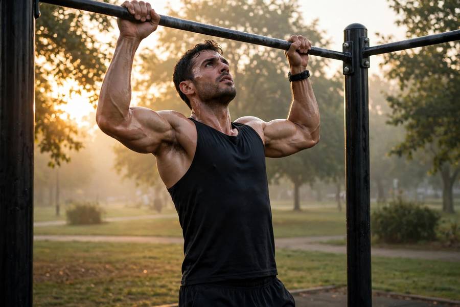 Strong woman performing a chin-up on a gym pull-up bar