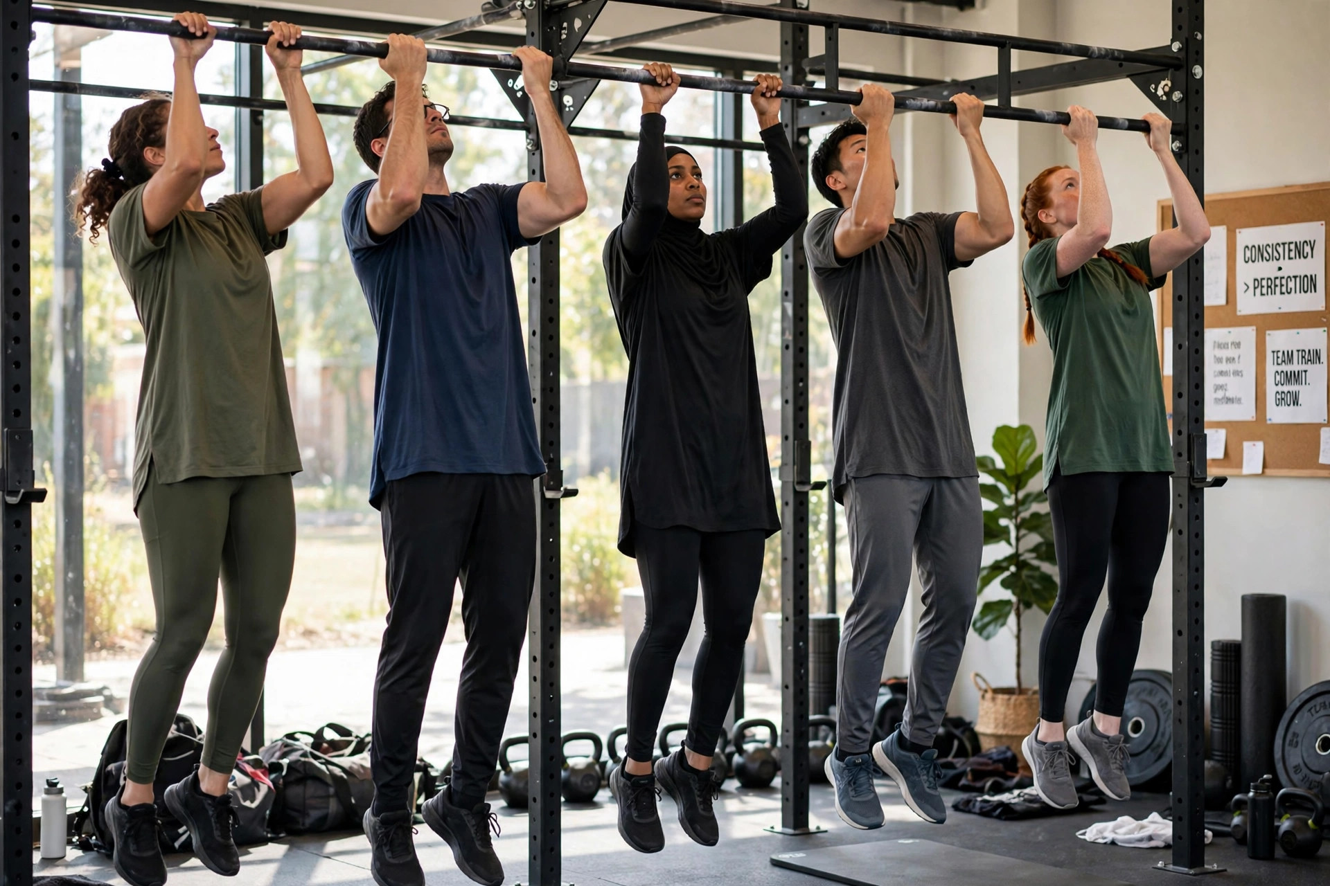 Athletes doing pull-ups on a rig during a group training session