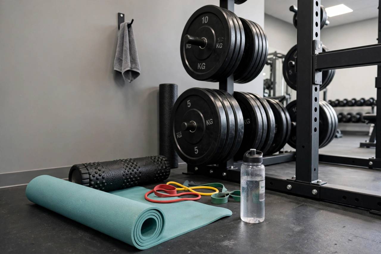 A person in full-coverage athletic wear stretching on a yoga mat in a home gym