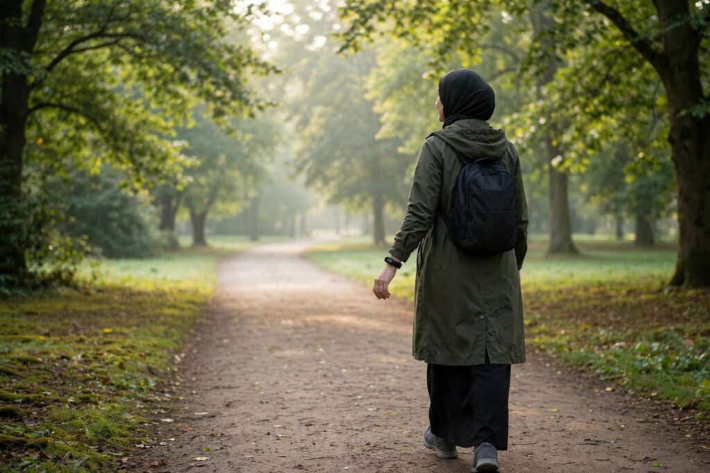 Person walking on a park path in the morning wearing fitness tracker on wrist