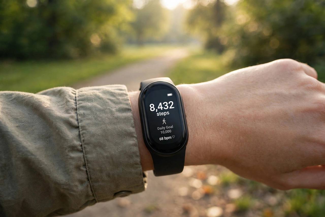 Close-up of a fitness tracker on wrist showing daily step count outdoors