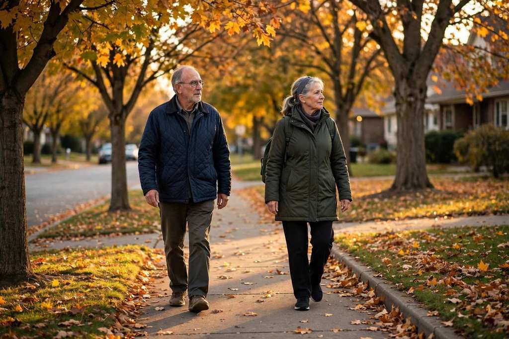Older couple walking together on a tree-lined suburban sidewalk