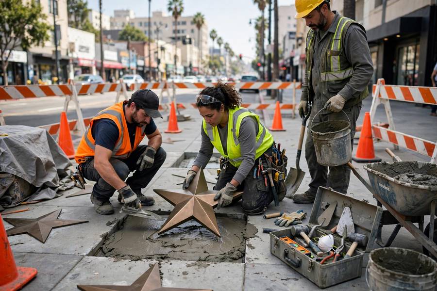 Construction workers installing a new Walk of Fame star