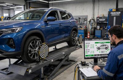 Car on a wheel alignment rack — how much a wheel alignment costs depends on the service type