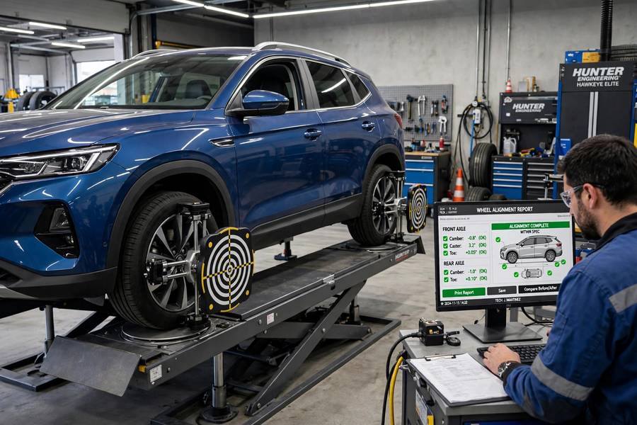 Car on a wheel alignment rack — how much a wheel alignment costs depends on the service type