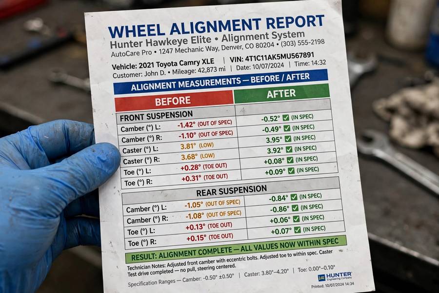 Wheel alignment printout showing before and after angle readings