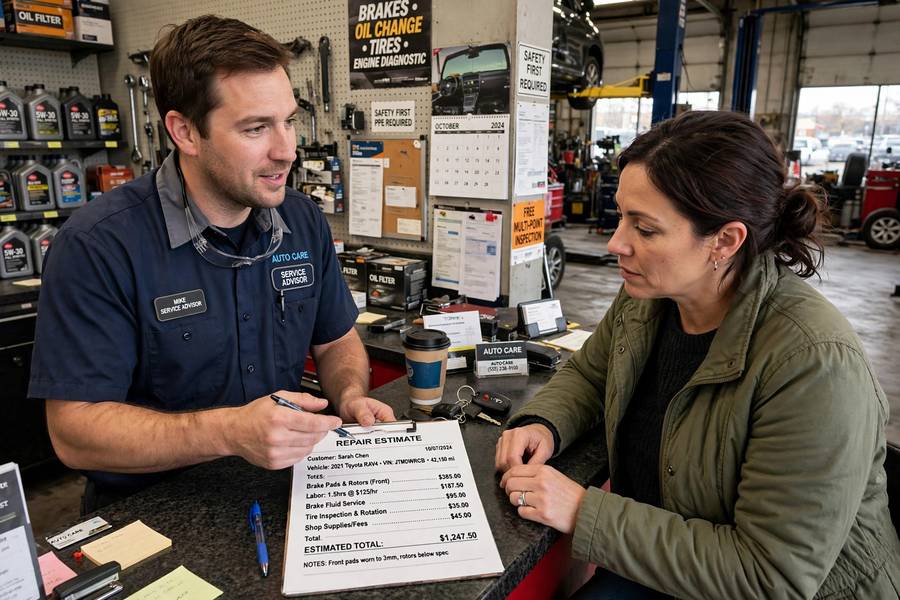 Discussing a wheel alignment cost estimate at the service counter