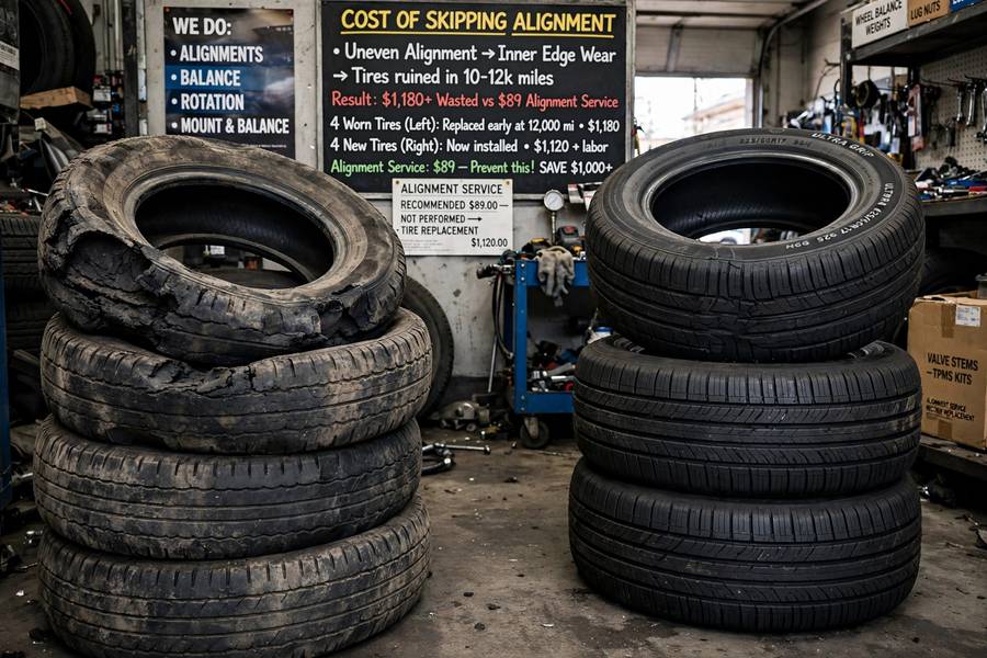 Unevenly worn tires showing the cost of skipping wheel alignment