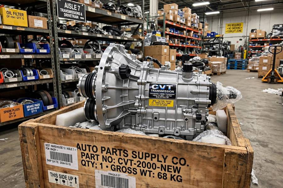 New CVT transmission in a crate at an auto parts warehouse