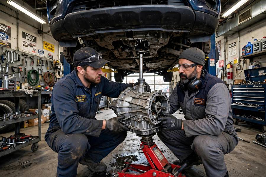 Mechanics installing a replacement transmission in a car on a lift