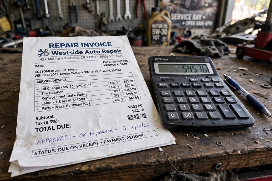 Repair invoice and calculator on a desk in an auto shop