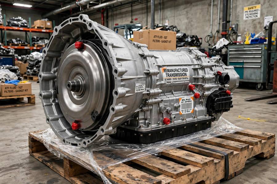 Remanufactured transmission on a pallet ready for installation