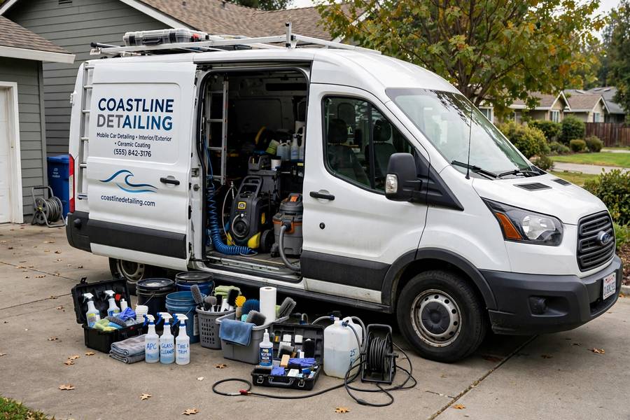 Mobile car detailing business setup with van and equipment