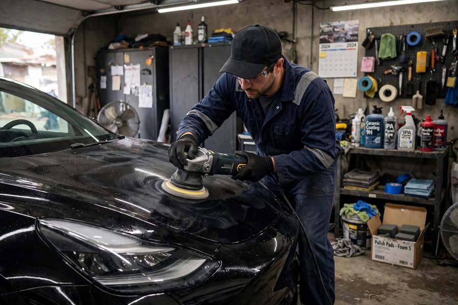 Detailer polishing car showing equipment investment