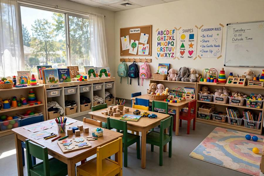 Bright daycare classroom setup showing startup investment in furniture and toys