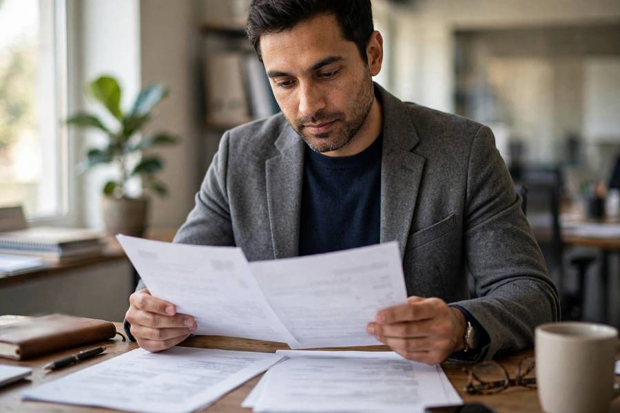 Business person reviewing franchise fee documents