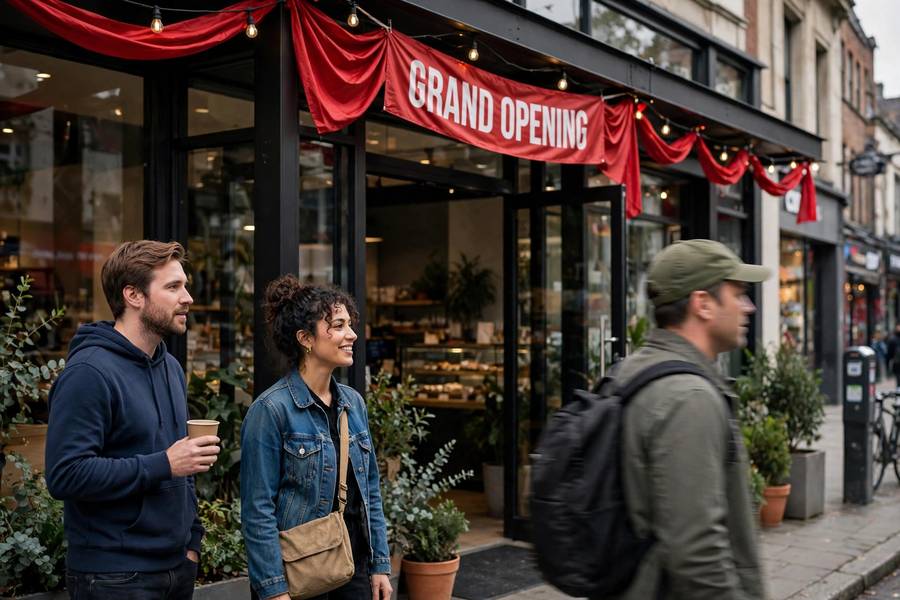 Franchise storefront with grand opening banner