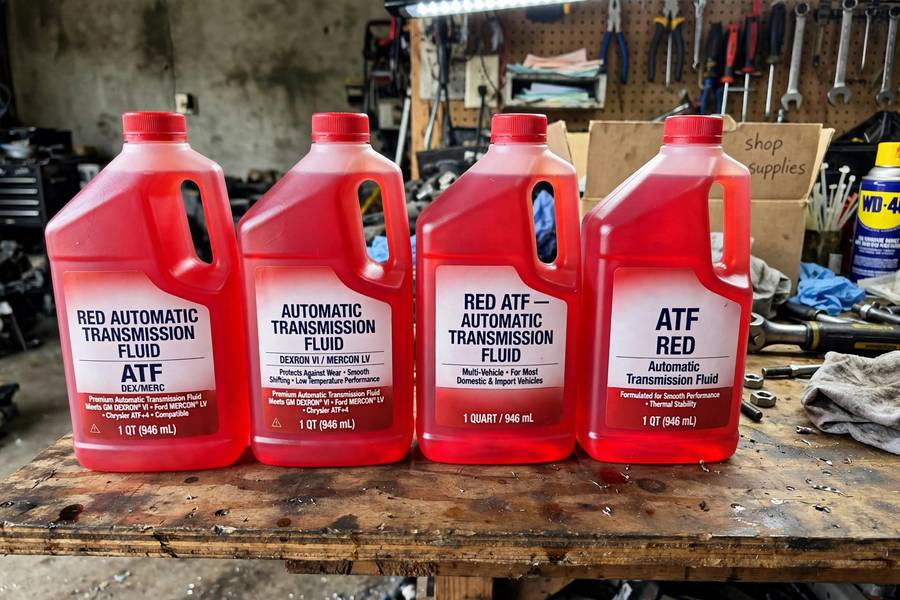 Quart bottles of red automatic transmission fluid lined up on a workbench