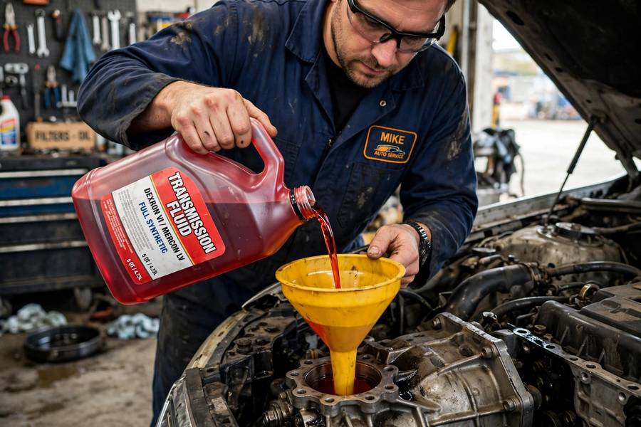 Mechanic pouring transmission fluid from a large jug through a funnel