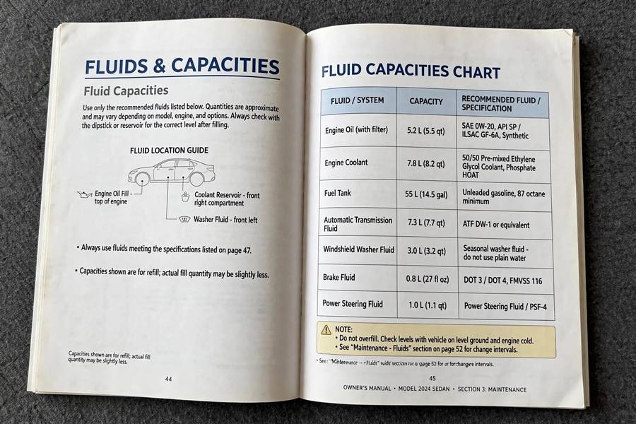 Owner's manual open to the fluid capacities chart page