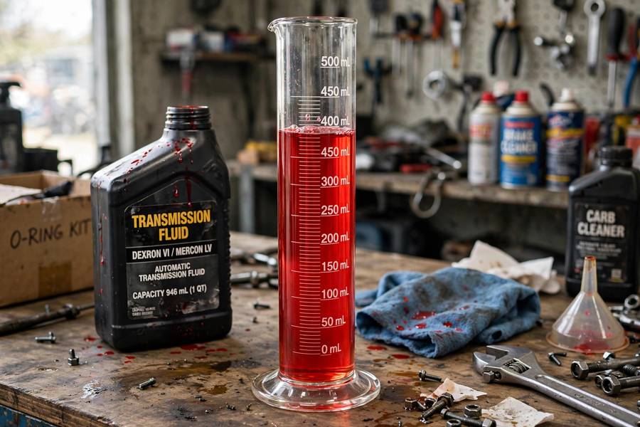 Transmission fluid measured in a graduated container in a workshop
