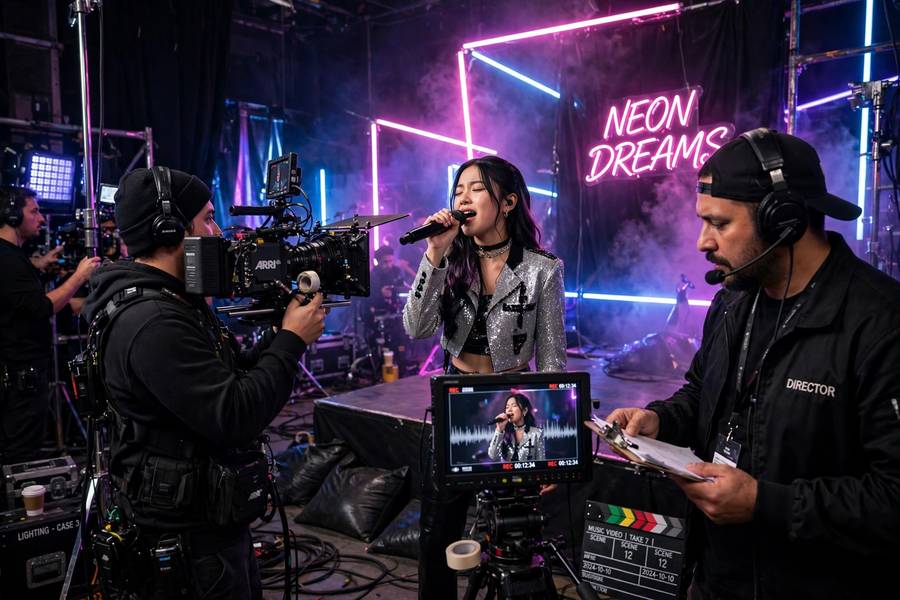 Singer performing on a music video set showing how music videos are made
