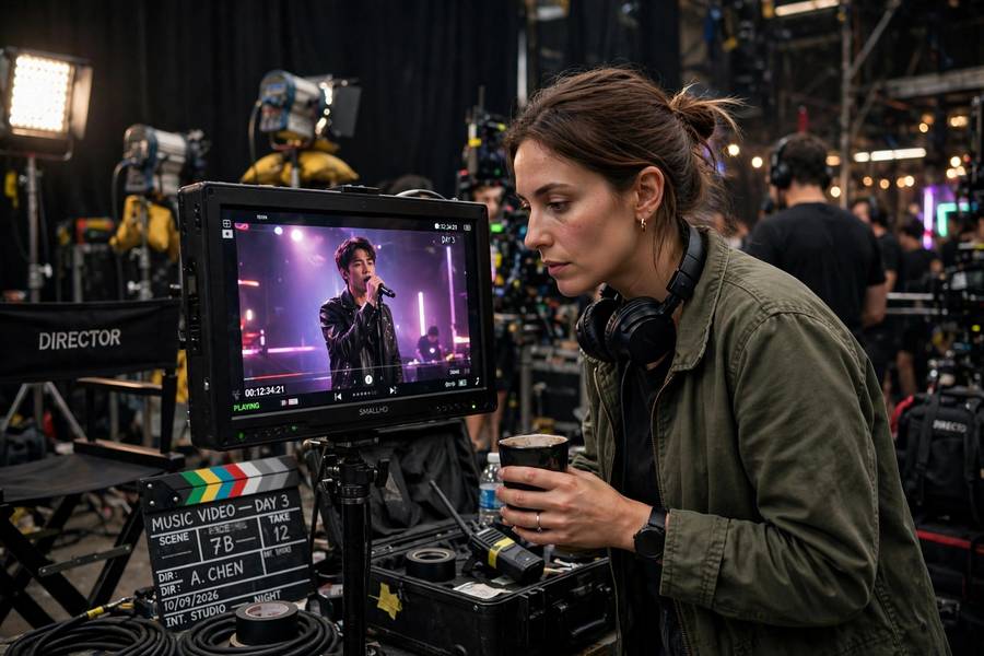Director reviewing takes on a monitor during a music video shoot
