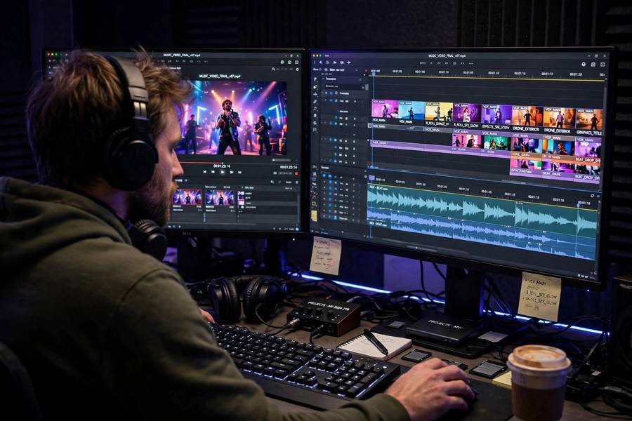 Video editor cutting a music video timeline in an edit suite