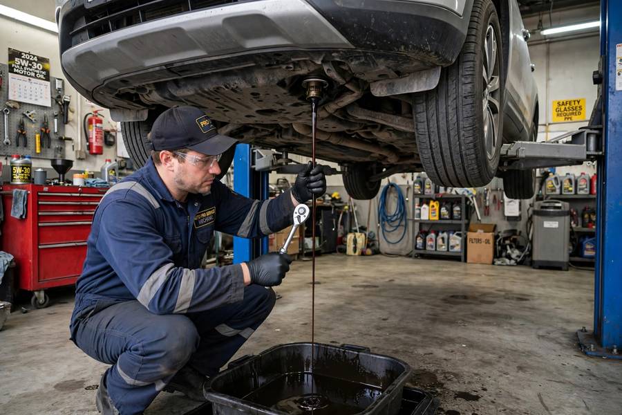 Mechanic draining old engine oil, illustrating how often should you change your oil