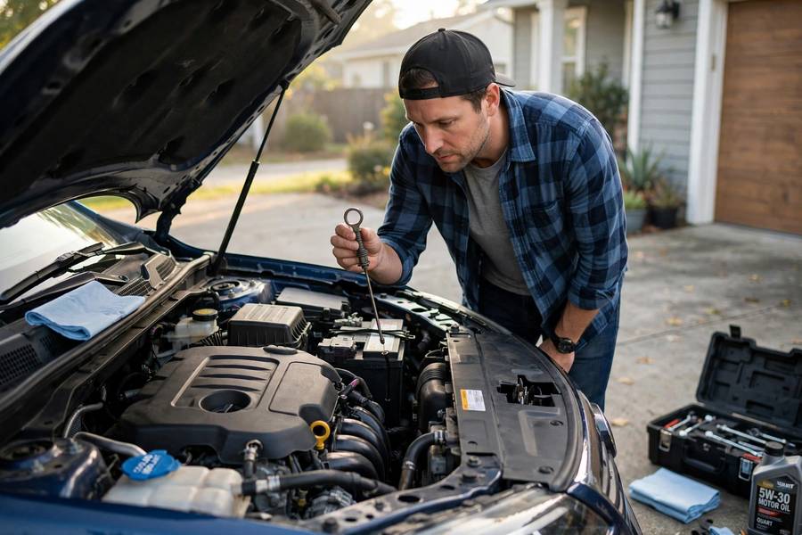 Car owner checking oil level between changes, part of how often should you change your oil routine
